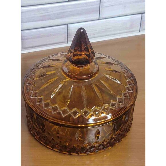 Vintage Indiana Glass Princess Pattern Amber Glass Dish With Lid - Picture 2 of 9